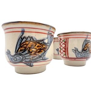 Japanese Hand Painted Okinawa  Tsuboya-yaki Pottery Tea Cups Set of Four w Birds